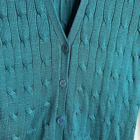 RALPH Lauren Black Label 100% silk Green Blue Cable Knit V Neck Cardigan Small - Picture 8 of 13